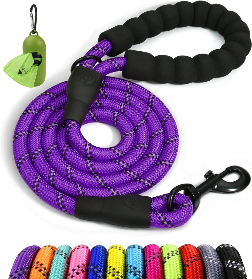 Taglory Rope Dog Leash 6 FT with Comfortable Padded Handle, Highly Reflective Threads Leash and Anti-Tangle Clip for Walking Medium Large Dogs, 1/2 inch, Purple