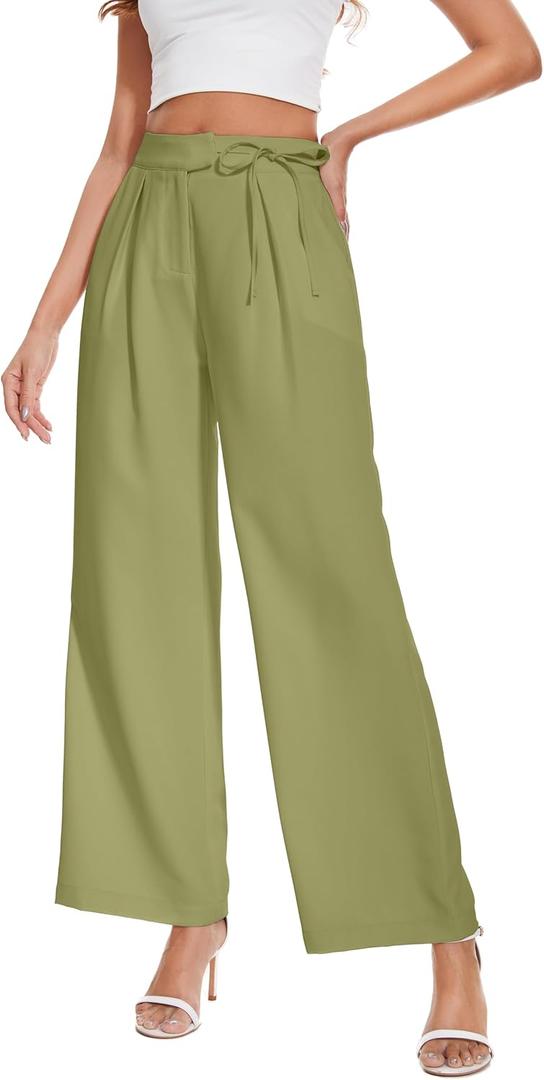 Women's Wide Leg Long Trousers with Tie Belt for Women Pleated Front High Waisted Pants Green, Small