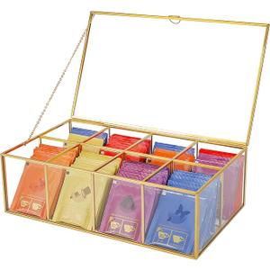 REDHUGO Glass Tea Bag Organizer with 8 Compartments, Handmade Large Tea Bag Storage Box for Counter Kitchen, Tea Bag Holder,Tea Storage Containers with Lid,Tea Accessories Gifts for Tea Drinkers,Gold