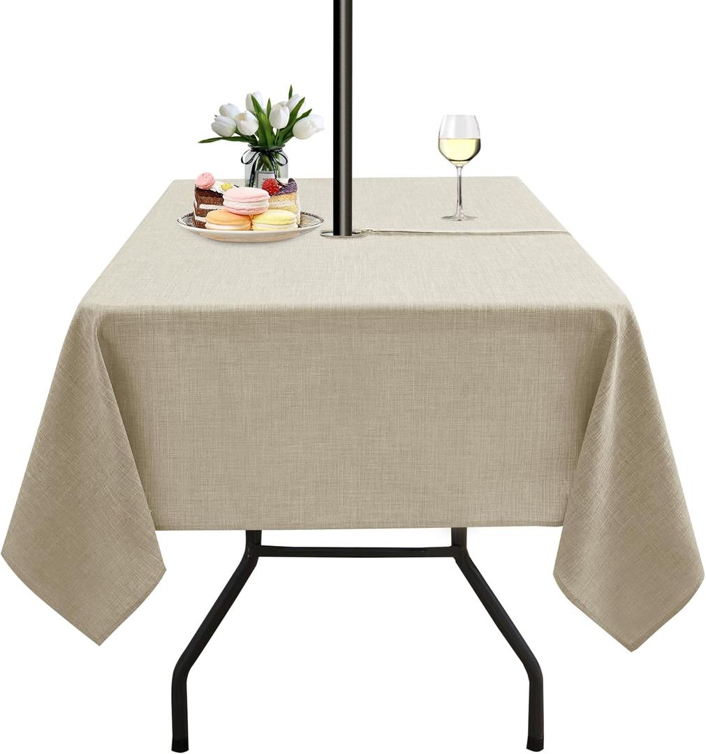 LUSHVIDA Outdoor Tablecloth with Umbrella Hole - Patio Table Cloth Zippered Square 60x60 Inch, Linen-Look Polyester Table Cover Water Resistant for Picnic Outside, Natural Color