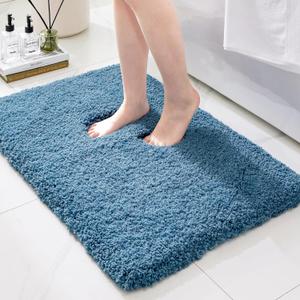 Bathroom Rugs Non Slip Washable 32x20, Ultra Thick Soft Microfiber Absorbent Bath Mats, High Density Foam Latex Non Slip Backing Bath Rugs, Fluffy Floor Carpet for Tub&Shower, Blue