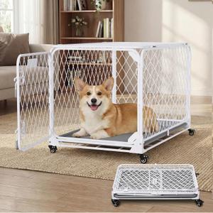 30 Inch Collapsible Dog Crate with Diamond Mesh, No-Tool Assembly Foldable Dog Kennel with 4 Lockable Wheels,Removable Tray,Portable Dog Cage for Medium/Large Dogs, Space-Saving, Indoor Outdoor Use