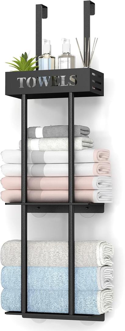 Over The Door Towel Rack, 3 Tier Hanging Towel Rack for Bathroom Stainless Steel, Over Door & Wall Mounted Towel Holder with Shelf Basket, Towel Storage for Small Bathroom, Black