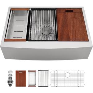 Sarlai 33 Farm Sink Stainless Steel - 33 x 22 Inch Farmhouse Kitchen Sink Ledge Workstation Apron Front Single Bowl 16 Gauge Stainless Steel Luxury Kitchen Farmer Sinks Basin