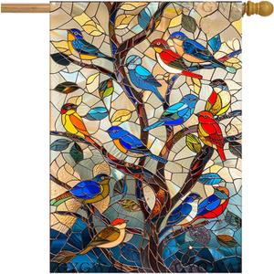Spring Hummingbird Garden Flag for Outside 28x40 Stained Glass Colorful Birds on Tree Flag Burlap House Flags Large Outdoor Yard Flag Double Sided
