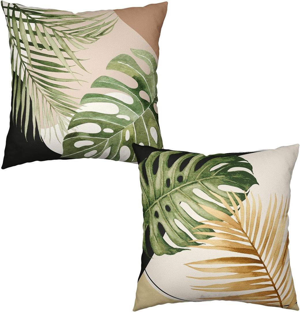 Tropical Palm Leaves Decorative Throw Pillow Covers 18x18 Inch Set of 2 Summer Green Banana Leaf Monstera Plant Pillow Cases Modern Farmhouse Outdoor Cushion Cases for Home Couch Sofa
