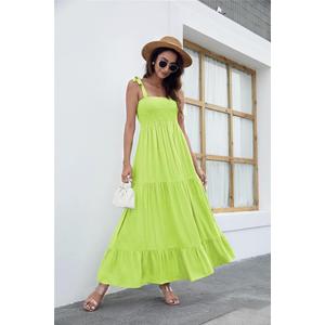 kinstell Women's Summer Boho Spaghetti Strap Square Neck Ruffle Casual Flowy Long Dress Beach Swing Party Maxi Dress (Large)