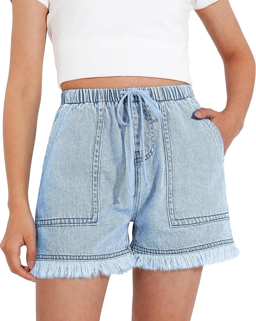 BOOPH Girls Jean Shorts Denim Elastic Waist Drawstring Short for Teen Girl