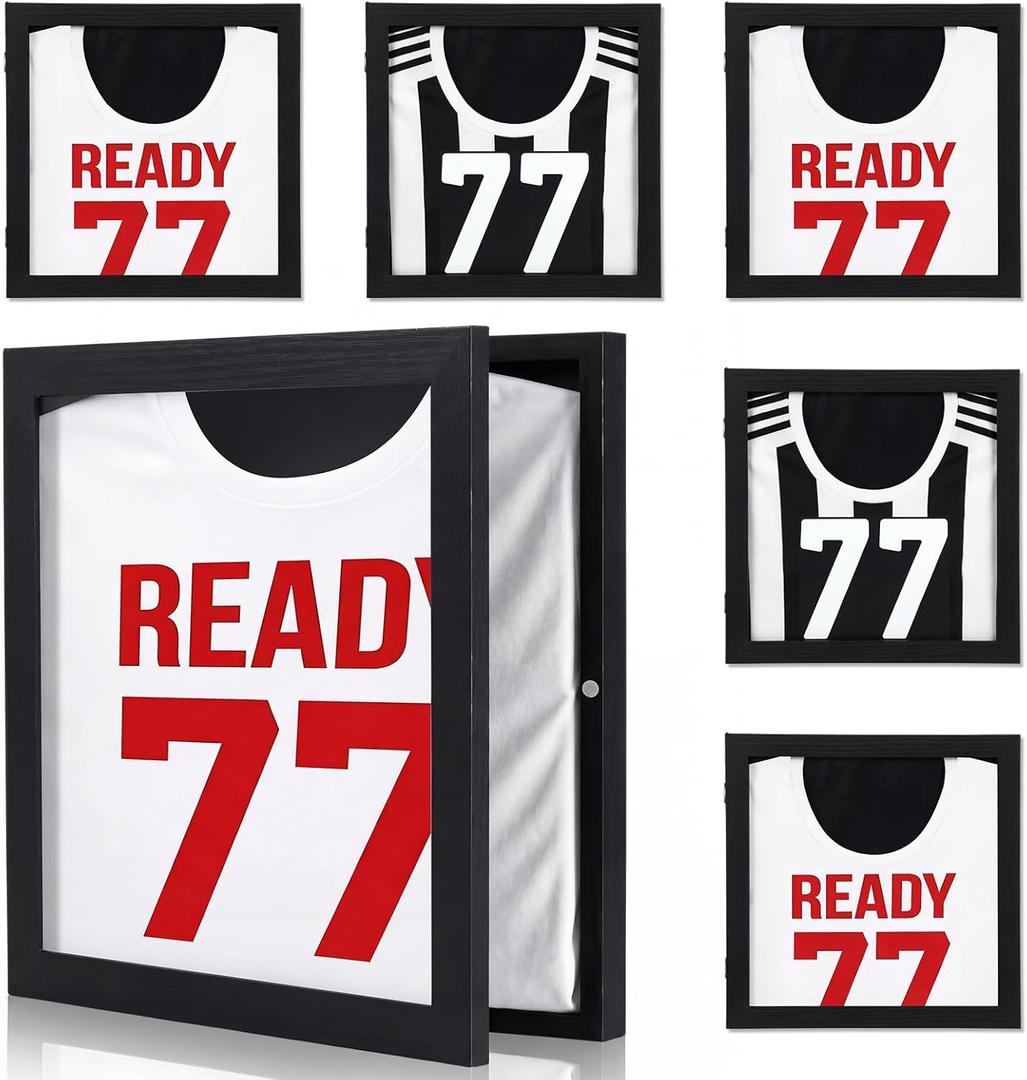 Lineshading 6 Pack T Shirt Display Frames, 13'' x 13'' Jersey Display Case Black Acrylic Imitation Wood Grain Frame Hang Magnetic Door Opening Depth of 1.6" Shadow Box for Memorabilia Jersey Souvenir