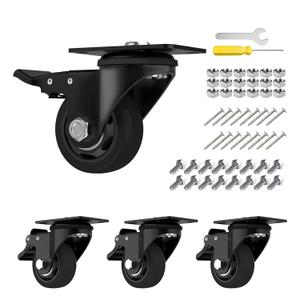 3" Caster Wheels,Caster Set of 4, Heavy Duty Casters with Brake, No Noise Locking Casters with Black Polyurethane (PU) Wheels, Swivel Plate Castors