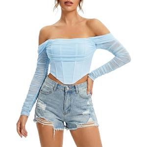 JSXZMMSM Corset Tops For Women Long Sleeve Off The Shoulder Trendy Boned Bustier Sexy Going Out Tops (US, Alpha, X-Large, Regular, Short, Blue)