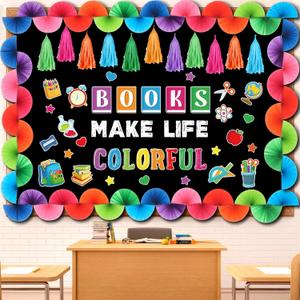 Pasimy Reading Bulletin Board Set Books Make Life Colorful Classroom Decoration Inspirational Motivational Reading Cutouts with Colorful Paper Fans for Back to School Library Decor(Books)