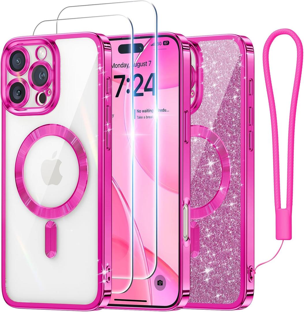 Meifigno Designed for iPhone 16 Pro Max Case 6.9", [Glitter Card & Wrist Strap] [Compatible with MagSafe] [2X Screen Protectors] Surround Raised Lens Protection Designed for 16 ProMax Case, Hot Pink