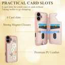 for iPhone 16 Wallet Case, Magnetic Snap Flip Leather Cover with Flower Design Credit Card Holder Stand Wristband，iPhone 16 Protective Phone Case for Women