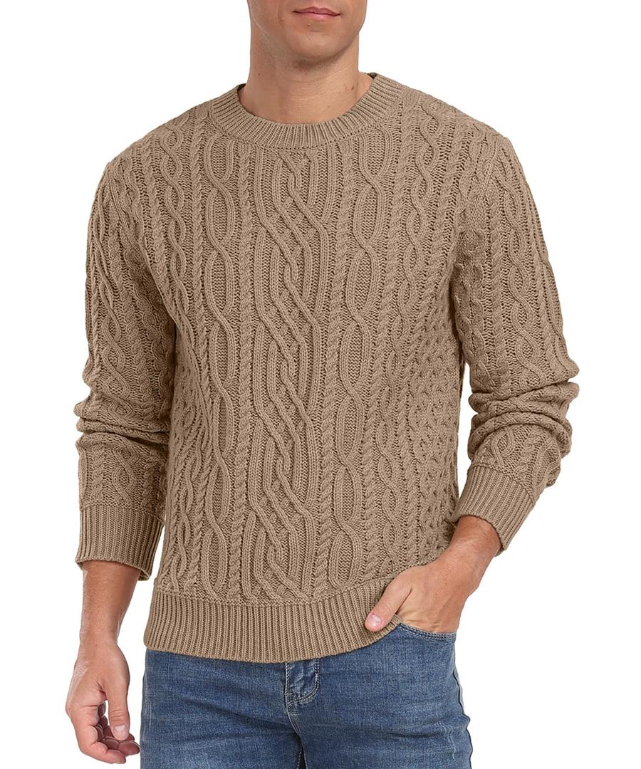 Askdeer Men's Cable Knit Pullover Sweater Long Sleeve Crew Neck Knit Sweater Soft Casual Sweaters with Ribbing Edge Khaki