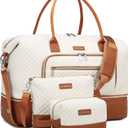 Weekender Bags for Women, Travel Tote Duffle Bag Carry On Overnight Bag with Cosmetics Bag and Crossbody Purse for Gym Hospital, Gifts for Women, Beige Brown