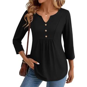 Zeagoo Womens 3/4 Length Sleeve Tops V Neck Dressy Casual T Shirts Pleated Business Work Blouses Basic Tees S-3XL (Black, XL)