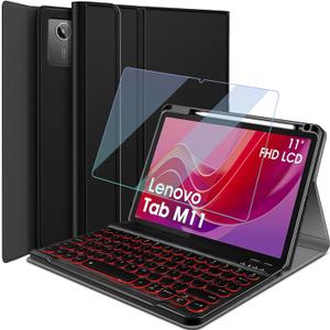 Backlit Keyboard Case for Lenovo Tab M11 2024 11 Inch with Screen Protector, 7 Colors Light Detachable Wireless Keyboard with PU Leather Folio Cover Case for Lenovo Tab M11 11 2024 Release