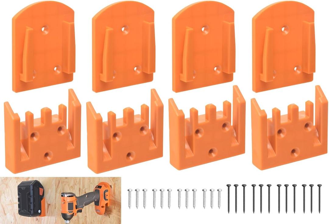 8-Pack Battery Wall Mount Holder & Drill Tool Mount - for 18V RIDGID Li-ion Drill, Fits Work Van, Shelf, Toolbox, Includes 20 Screws (No Tool Required)