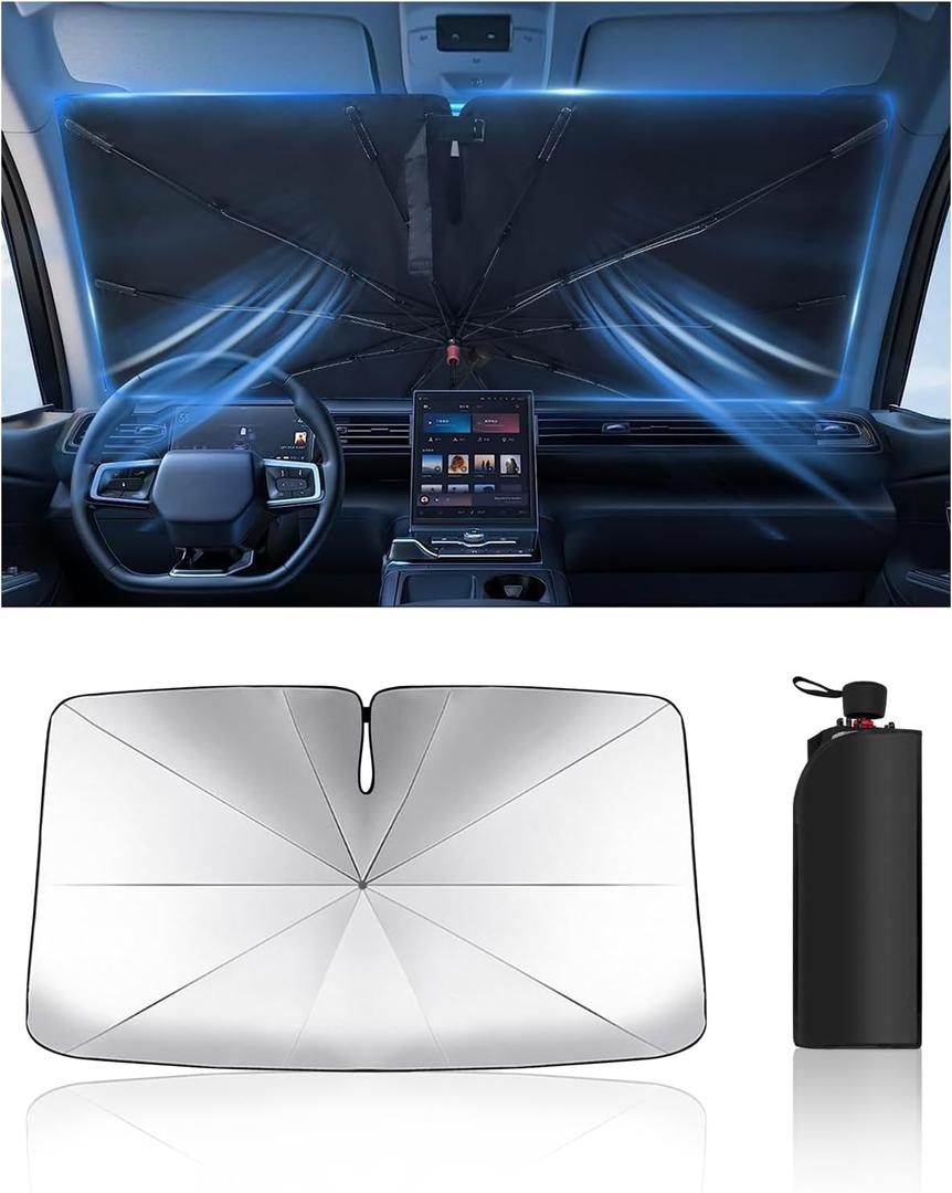 Car Windshield Sun Shade-Sun Ray Reflective Front Window Cover,Foldable Car Sunshade Windshield Umbrella with Bendable Handle for Heat and Sun Protection,Easy to Install for Cars,SUVs,Trucks and Vans (Large61" Lx 33"W)