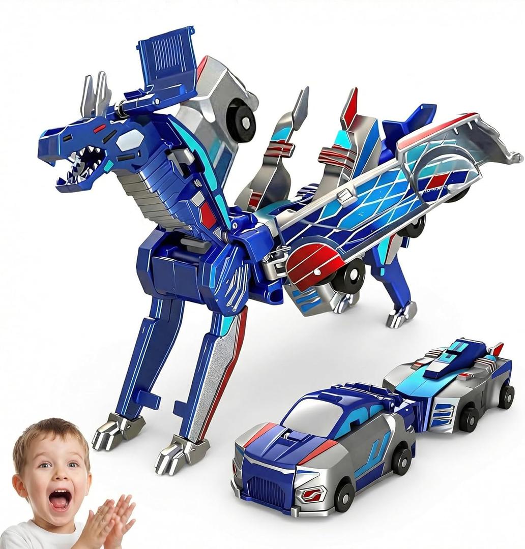 Collision Transforming Dinosaur Car Toy, 2-in-1 Magnetic Cars Convert to Dinosaur Robot, Crash-Activated Deformation, Easter Birthday Gift for Boys Girls Age 3-12 (Blue) + 2 Dino Stickers