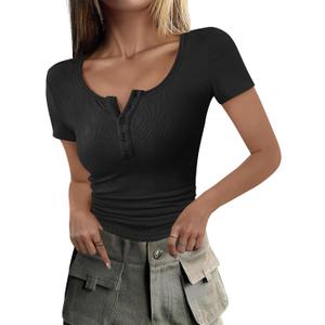 ANRABESS Women's 2025 Spring Summer Short Sleeve Tops Ribbed Knit Henley Button Up Slim Fit Basic Casual T Shirts Blouse (XX-Large, Black)