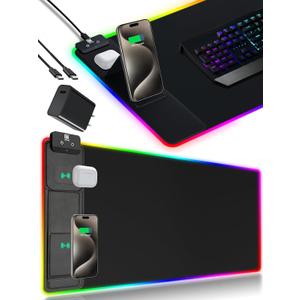 XXL Mouse Pad with Phone Holder, RGB Desk Mat with 15W Fast Charging, LED Large Gaming Mouse Pad with 11 Lights Colors, Long Mouse Pads, Waterproof Non-Slip Desk Pad for Gamer Esports Pros (Black with 20W PD Charger)