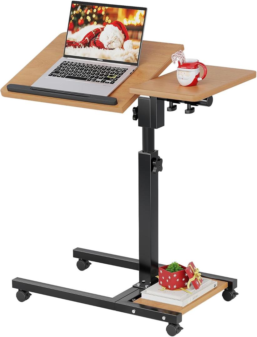 Laptop Desk Stand for Bed Portable Desk Overbed Bedside Mobile Laptop Table Rolling Foldable Table Adjustable Height with Locked Wheels & Mouse Pad for Office Sofa (Natural Color)