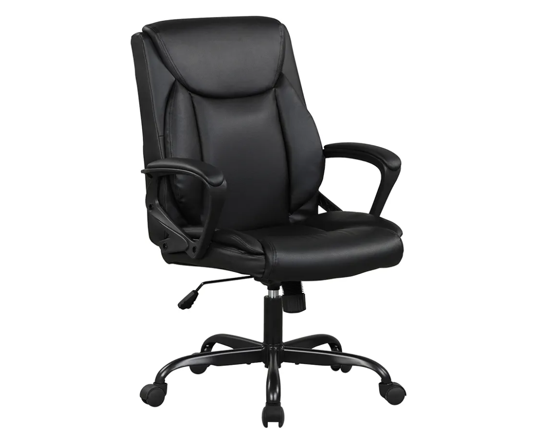 FDW PU Leather Task Chair Executive Rolling Swivel Mid Back Computer Chair with Lumbar Support Armrest Adjustable Chair for Men, Black