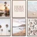 6Pcs Boho Coastal Wall Art Beach Palm Tree Seashell Posters Prints with Here Comes the Sun Neutral Ocean Themed Pictures Wall Decor for Bedroom Dorm Apartment Home Decoration 8''x10'' Unframed
