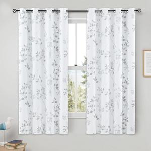 Beauoop Floral 100% Blackout Curtains 54 Inch Length 2 Panels for Bedroom Living Room Grey White Flower Patterned Room Darkening Thermal Insulated Soundproof Grommet Window Treatments Drapes, 52X54