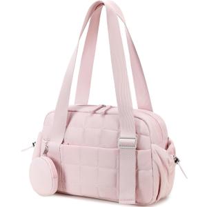 CAMTOP Mini Gym Bag for Women, Small Gym Tote Bag Puffy Quilted Sports Duffel Bag with Wet Compartment and Coin Purse Duffel Bags Dance Yoga Workout Bag for Gifts (All Coral Pink, Mini-12.6")