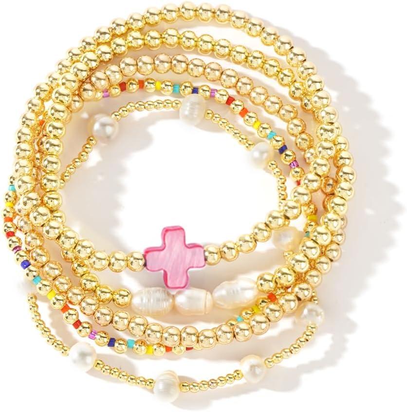 14K Gold Pearl Beaded Cross Bracelets Stack Set for Women,Stretch Boho Colorful Christian Beads Ball Jewelry Trendy Gift (Pink)
