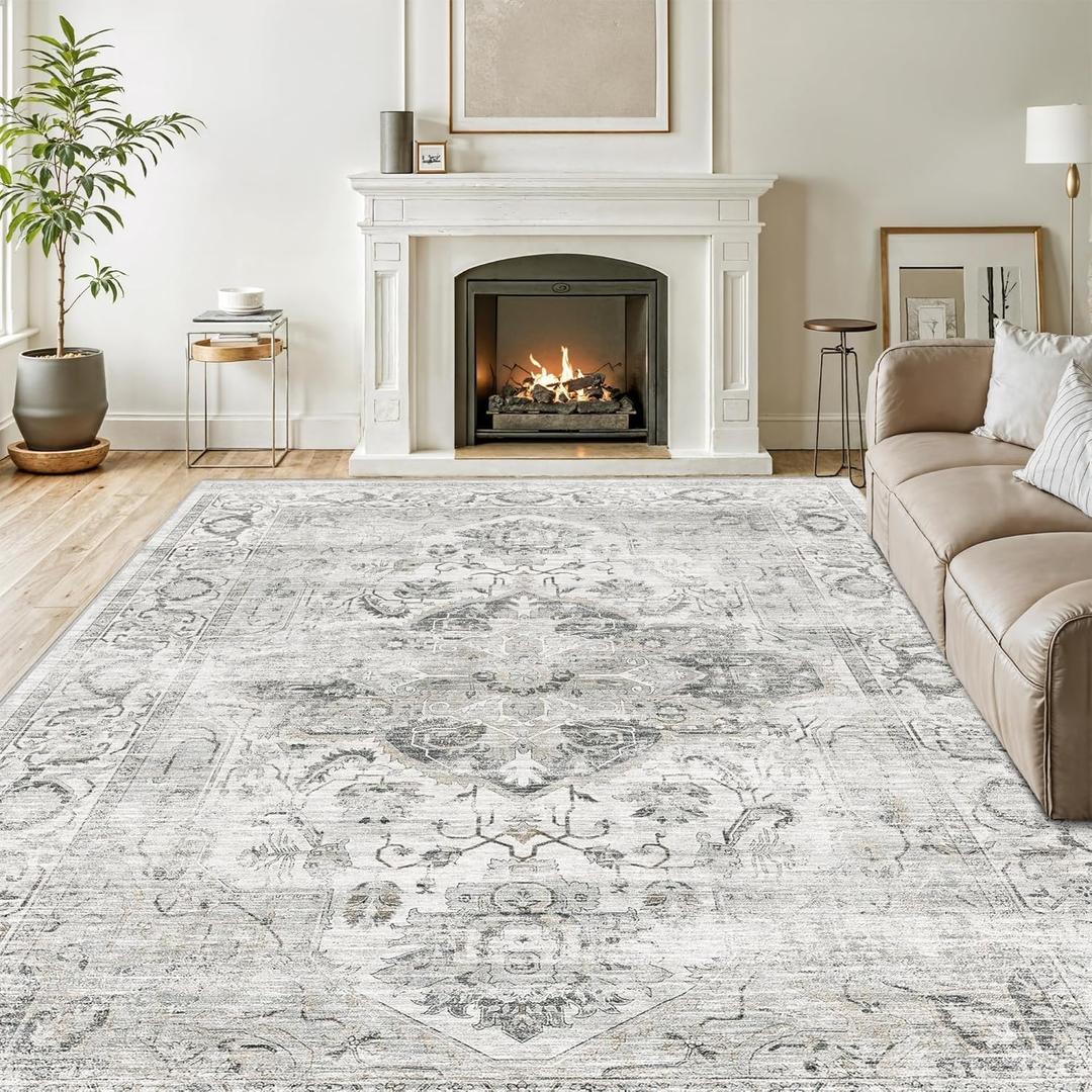 Washable 5x7 Area Rug - Soft Ultra Thin Living Room Rugs Stain Resistant Non Slip Area Rugs for Bedroom Vintage Home Decor Indoor Floor Mat (Ivory/Gray,5'x7')