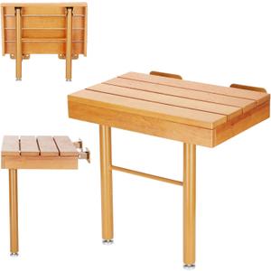 Folding Shower Seat Wall Mounted - Teak Shower Bench with Support Legs, Foldable Bath Safety Stool for Seniors & Elderly, Max Load 400lb, Stainless Steel & Wood Design for Small Shower