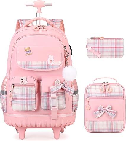 Rolling Backpack for Girls - Roller Wheels School bag with Lunch Bag & Pencil Pouch for Teen Girls Kids Wheeled Suitcase Backpacks, Elementary Middle School Travel Daypack (Pink)