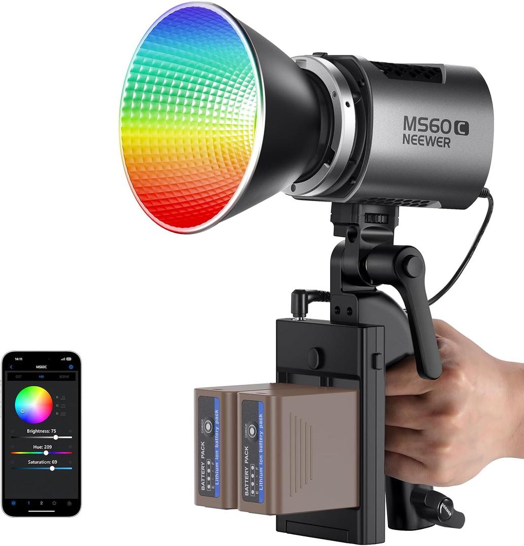 NEEWER MS60C 65W COB RGBWW LED Video Light with Battery Kit, 2.4G/APP Control, 2X 7800mAh NP-F970 Battery PD Fast Charging, 2700K-6500K, 8300lux/1m, CRI97+/TLCI98+, 17 Scenes, Bowens Mount