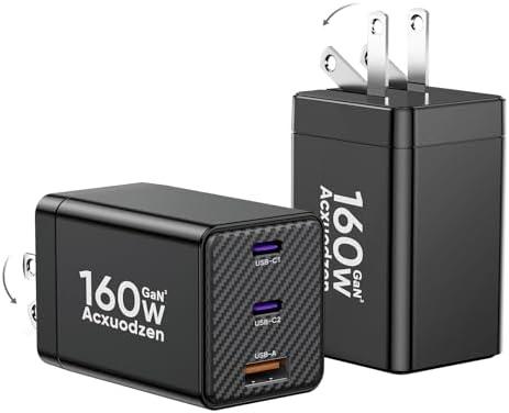 [2 Pack] USB C Charger Block 160W, 3-Port GaN Super Fast Charger, Dual 65W Type C Charging Block, Foldable QC3.0 Laptop Fast Charging Adapter for MacBook, iPhone, Samsung, Galaxy, iPad, Android, Black