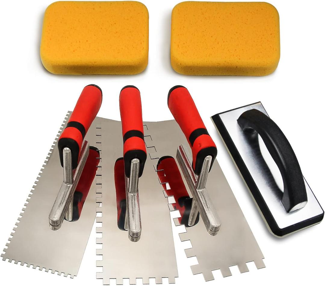 Tile Tools Stainless Steel Square Notch Trowel Set Plus Rubber Grout Float and Grout Sponge for Tiling Installation Grouting