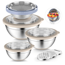 P&P CHEF Mixing Bowls with Lids Set of 3, Stainless Steel Mixing Bowl and Colander for Kitchen, 3 Grater Attachments & Non-Slip Bottoms, Visible & Airtight Lid, Khaki