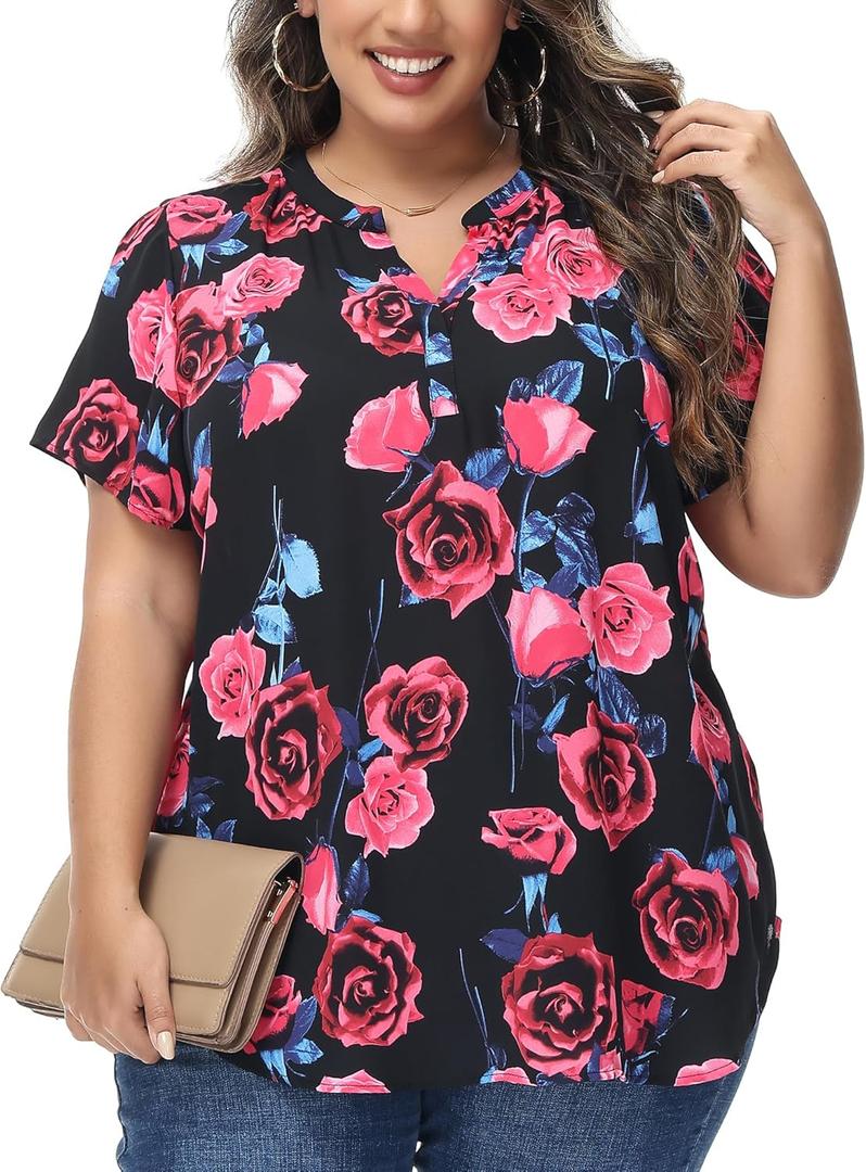 MCEDAR Women's Plus Size Chiffon Blouse Short Sleeve Split V Neck Floral Casual Summer Dressy Work Tops (1X, Red Flower)