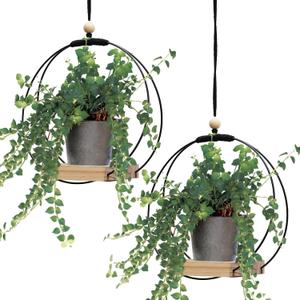 Geelin 2 Pack Plant Hanger with Wood Base Hanging Window Planter Boho Macrame Hanging Plant Holders for Window Indoor Outdoor Room Ceiling Home Decorations(Black)