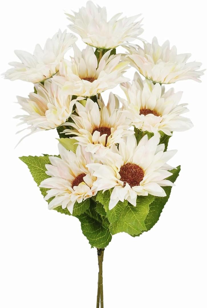3pcs Sunflowers Artificial Flowers with 3 Large Sunflower Heads and Long Stems for Indoor Outdoor DIY Wedding Bouquets Baby Shower Centerpieces Floral Arrangements Party Tables Home Office Decorations (White)