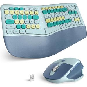 Wireless Keyboard and Mouse Set, Retro Typewriter Keyboard, 2.4GHz Full Size 104-Key Cute Keyboard with Number Pad, Colorful Keyboard with Round Keycaps for Windows PC Laptop(Colorful Blue)