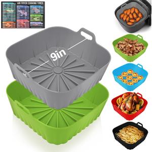 2 PCS Silicone Air Fryer Liners 9 Inch Square Easy Cleaning Airfryer Silicone Liners for 6-9 QT Frying Basket, Heat Resistant Reusable Ninja Air Fryer Accessories (Grey+Green)