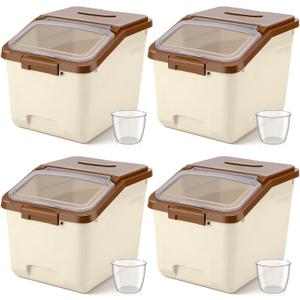 Blushtier 4 Pack Large Rice Storage Containers 30 Lbs Airtight Flour Container with Seal Locking Lid and Measuring Cup Kitchen Dry Food Storage Bins for Cereal Sugar Beans(Khaki)