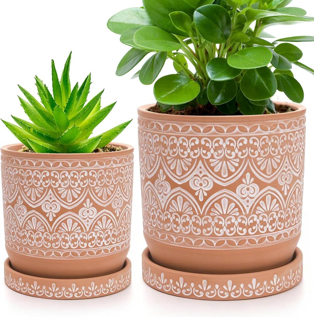 Suwimut Set of 2 Terracotta Plant Pots 4 Inch 6 Inch, Small Medium Clay Planter Pot, Ceramic Cactus Flower Succulent Pot with Drainage Hole and Saucer for Indoor Outdoor Plants