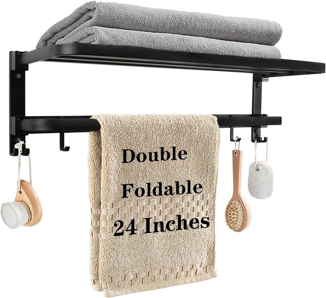 Towel Racks for Bathroom, Foldable Towel Shelf with Towel Bar & 7 Towel Hooks, Rustproof Double Bath Towel Holder Wall Mounted Towel Storage Hanger for Bathroom/Balcony/Lavatory(24In Black)