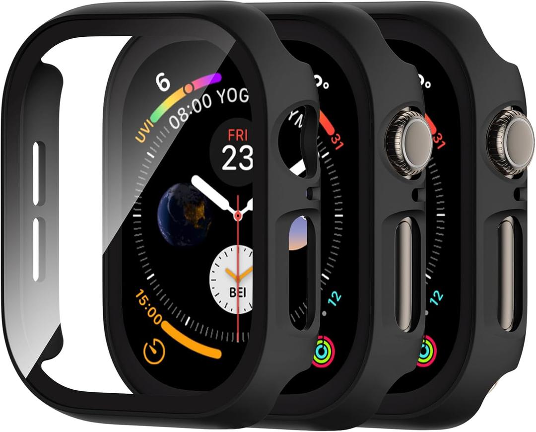 Adorve Compatible with Apple Watch Series 11 46mm Screen Protector/Series 10 46mm Case, Hard PC Face Cover with Tempered Glass Overall Protection Anti-Scratch Bumper Cases for iWatch Accessories (Black/Black/Black)