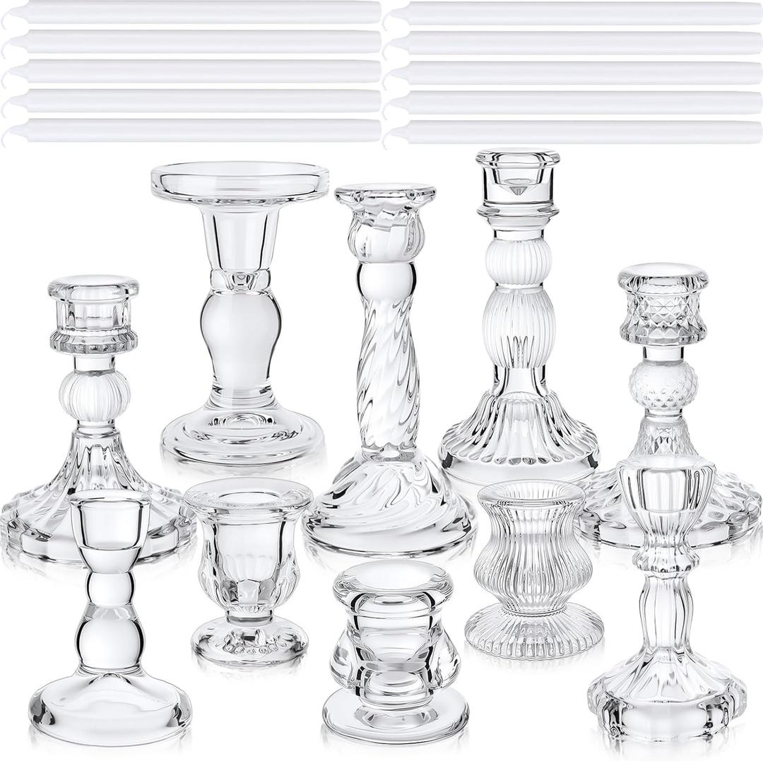 Mumufy 20 Pcs Glass Crystal Taper Candle Holders Stand Centerpiece Bulk with 10 in Taper Candles Sticks Clear Decorations Table Wedding Dining Party (Transparent)